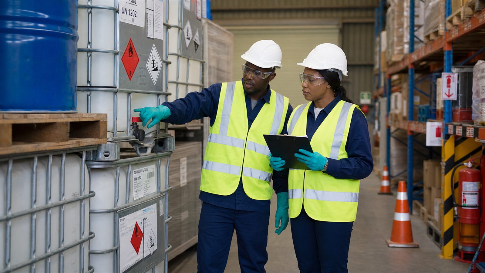Contrôle HSE des marchandises dangereuses avec étiquetage ADR et équipements de protection